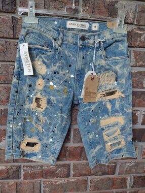 NWT Evolution In Design Youth Denim Shorts Paint Splatter Distressed Boys Sz 18
